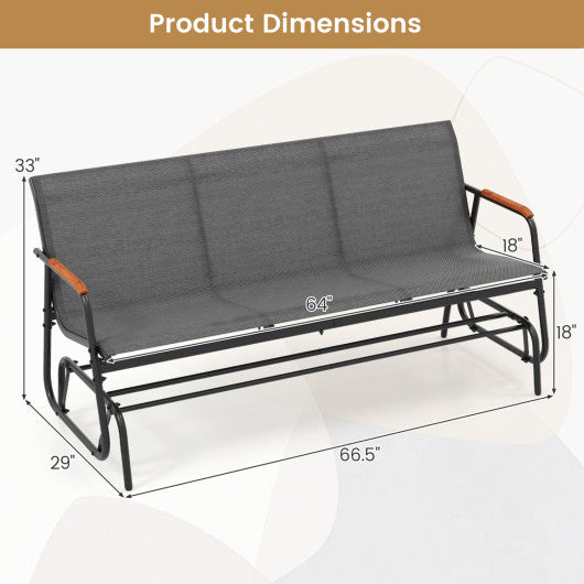 Patio Glider Bench with Curved Teak Armrests and Breathable Fabric Seat for 3 People-Grey