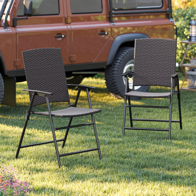 Patio PE Wicker Dining Chairs with Armrests and Metal Frame-Set of 2