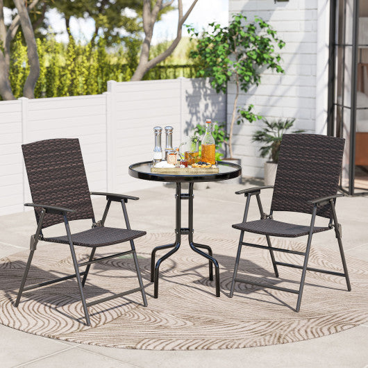 Patio PE Wicker Dining Chairs with Armrests and Metal Frame-Set of 2