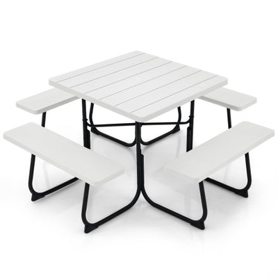 Outdoor Picnic Table with 4 Benches and Umbrella Hole-White