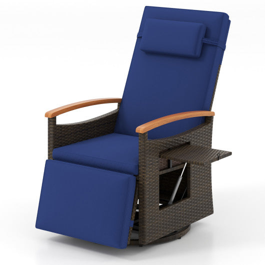 Patio Rattan 360° Swivel Recliner Chair with Adjustable Backrest and Footrest-Navy