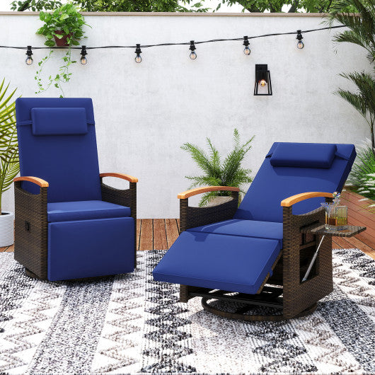 Patio Rattan 360° Swivel Recliner Chair with Adjustable Backrest and Footrest-Navy