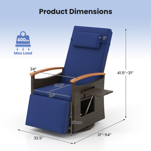Set of 2 Patio Rattan 360° Swivel Recliner Chair with Adjustable Backrest and Footrest-Navy