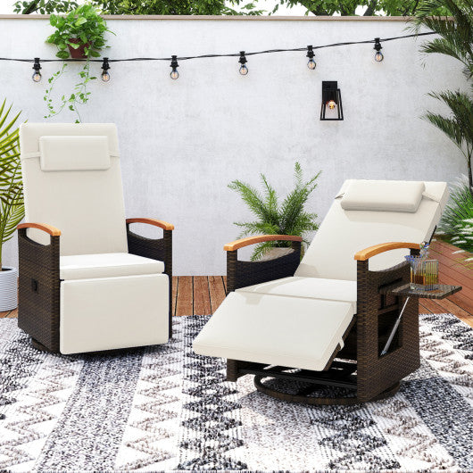 Set of 2 Patio Rattan 360° Swivel Recliner Chair with Adjustable Backrest and Footrest-White