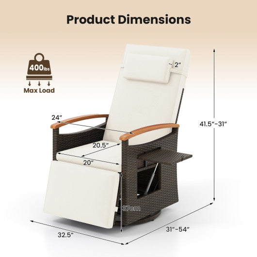 Set of 2 Patio Rattan 360° Swivel Recliner Chair with Adjustable Backrest and Footrest-White