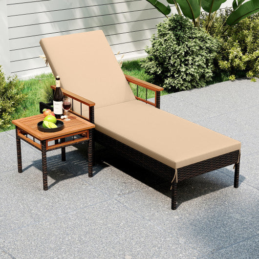 Patio Rattan Chaise Lounge with Side Table and Adjustable Backrest-Beige