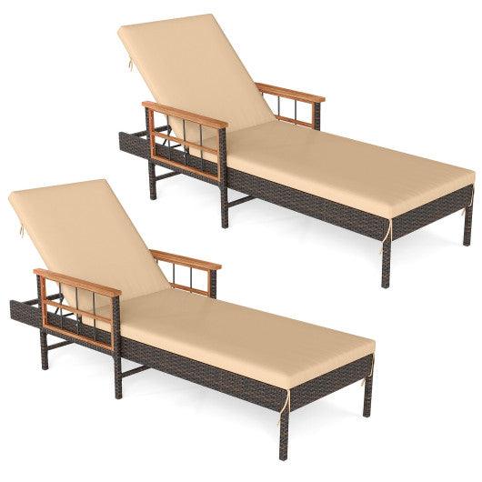 Patio Rattan Chaise Lounge with 4-Level Adjustable Backrest-Beige