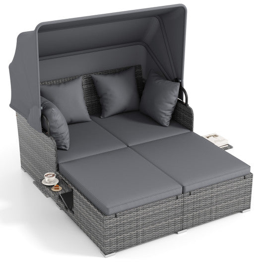 Patio Rattan Daybed with Retractable Canopy and Side Tables-Mix Gray
