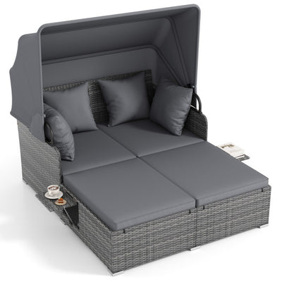 Patio Rattan Daybed with Retractable Canopy and Side Tables-Mix Gray