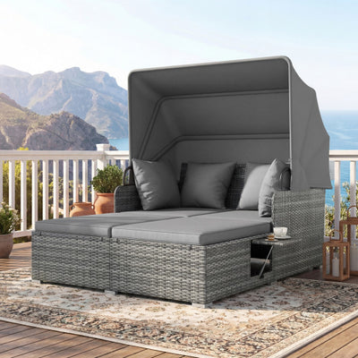 Patio Rattan Daybed with Retractable Canopy and Side Tables-Mix Gray