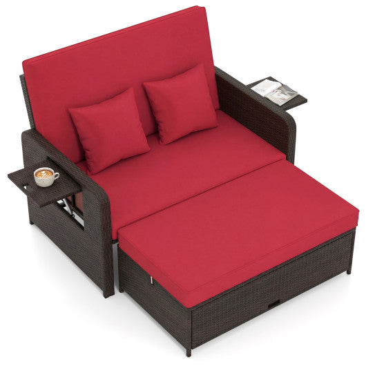 Patio Rattan Daybed with 4-Level Adjustable Backrest and Retractable Side Tray-Red