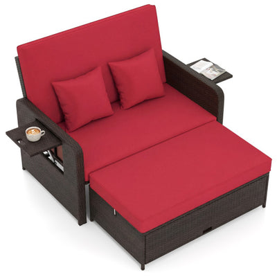 Patio Rattan Daybed with 4-Level Adjustable Backrest and Retractable Side Tray-Red