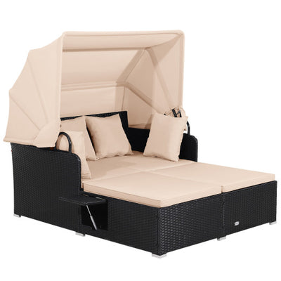 Patio Rattan Daybed with Retractable Canopy and Side Tables-Beige