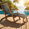Patio Rattan Folding Lounge Chair with Acacia Wooden Frame Retractable Footrest