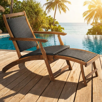 Patio Rattan Folding Lounge Chair with Acacia Wooden Frame Retractable Footrest