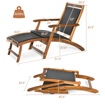 Patio Rattan Folding Lounge Chair with Acacia Wooden Frame Retractable Footrest Set of 2