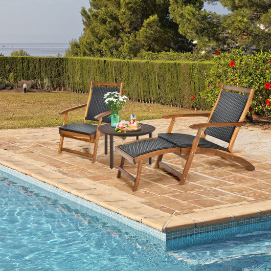 Patio Rattan Folding Lounge Chair with Acacia Wooden Frame Retractable Footrest Set of 2