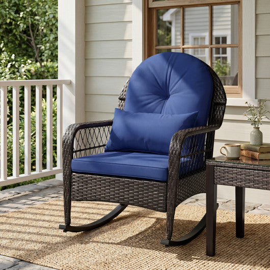Patio Rattan Rocking Chair with Seat Back Cushions and Waist Pillow-Navy