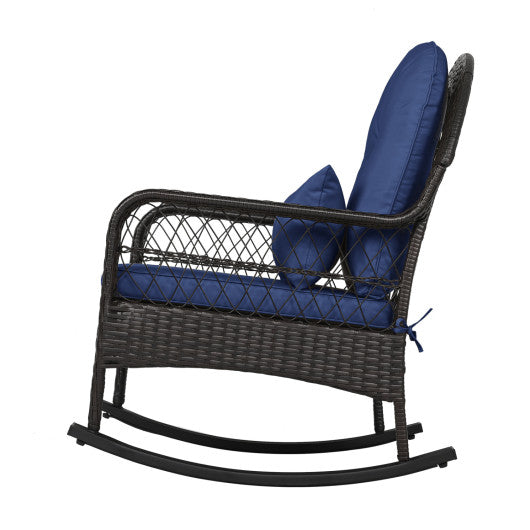 Patio Rattan Rocking Chair with Seat Back Cushions and Waist Pillow-Navy