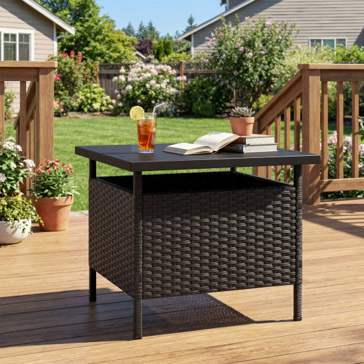 Patio Square Wicker Side Table with Umbrella Hole for Yard-Black