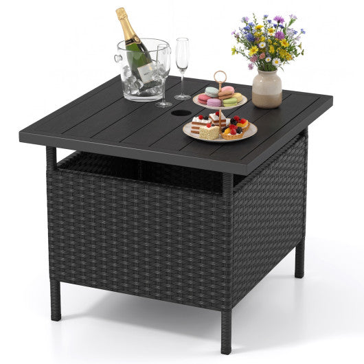 Patio Square Wicker Side Table with Umbrella Hole for Yard-Black