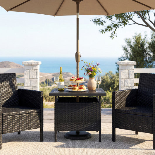 Patio Square Wicker Side Table with Umbrella Hole for Yard-Black