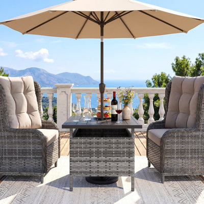 Patio Square Wicker Side Table with Umbrella Hole for Yard-Gray