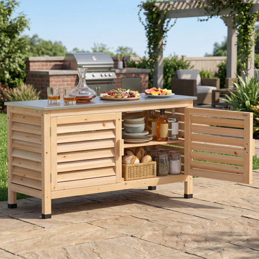 Patio Storage Cabinet with Stainless Steel Countertop and L-Shaped Shelf for Garden-Natural
