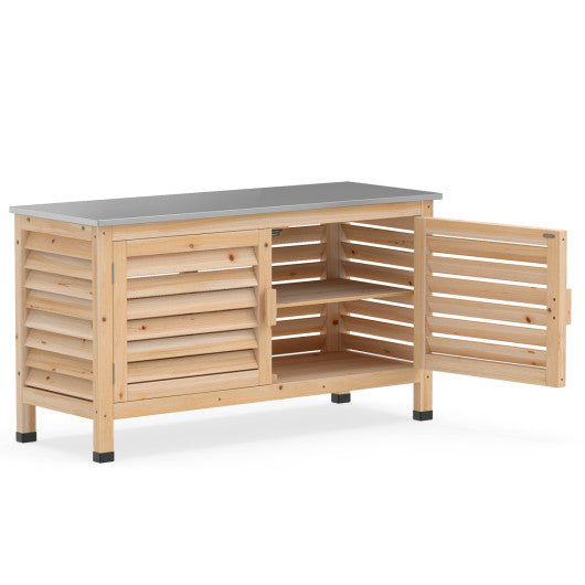 Patio Storage Cabinet with Stainless Steel Countertop and L-Shaped Shelf for Garden-Natural