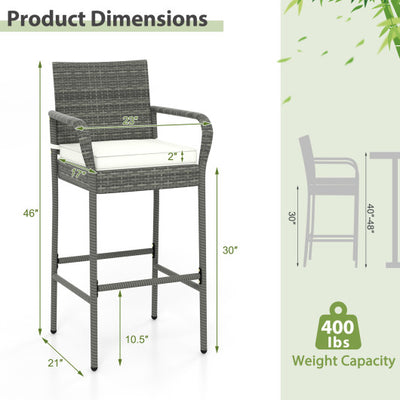 Patio Wicker Barstools with Armrests and Soft Cushions for Porch Backyard Set of 2