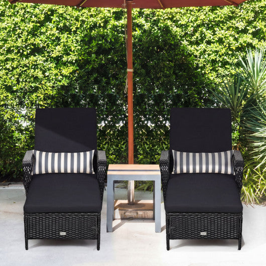 Patio Wicker Chaise Lounge Chair with Pillow and Adjustable Backrest with Cushion-Black