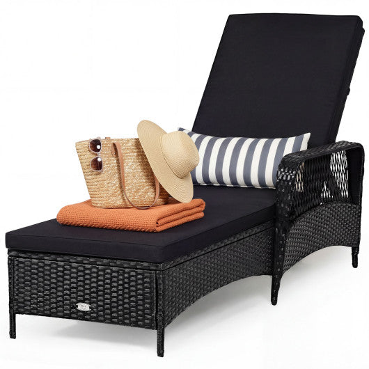 Patio Wicker Chaise Lounge Chair with Pillow and Adjustable Backrest with Cushion-Black