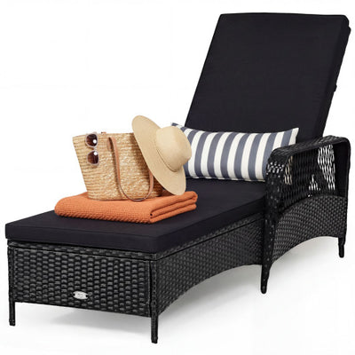 Patio Wicker Chaise Lounge Chair with Pillow and Adjustable Backrest with Cushion-Black
