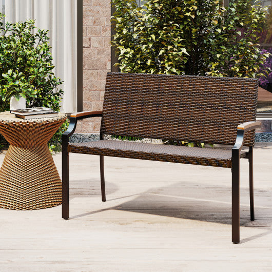 Patio Wicker Loveseat Chair with Acacia Wood Armrests and Metal Frame