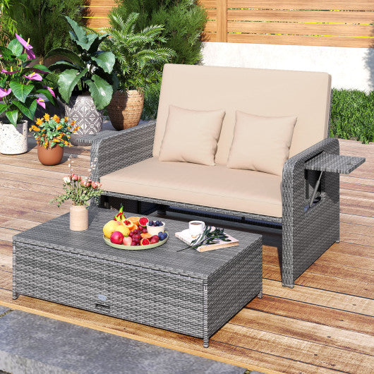 Patio Wicker Loveseat Sofa with Multipurpose Ottoman and Retractable Side Tray-Beige