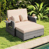Patio Wicker Loveseat Sofa with Multipurpose Ottoman and Retractable Side Tray-Beige