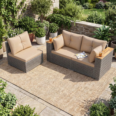 Patio Wicker Sectional Furniture Set with 1 Armless and 2 Corner Sofas for Garden-Beige