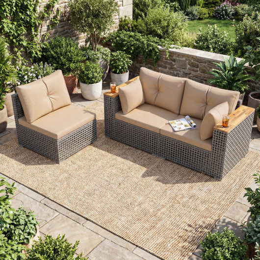 Patio Wicker Sectional Furniture Set with 1 Armless and 2 Corner Sofas for Garden-Beige