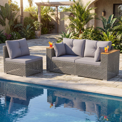 Patio Wicker Sectional Furniture Set with 1 Armless and 2 Corner Sofas for Garden-Gray