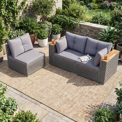 Patio Wicker Sectional Furniture Set with 1 Armless and 2 Corner Sofas for Garden-Gray