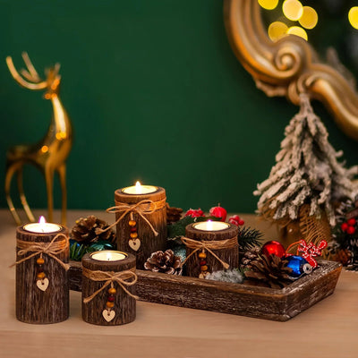 Paulownia Wood Centerpiece Tray with 4 Tealight Holders & Beaded Accent