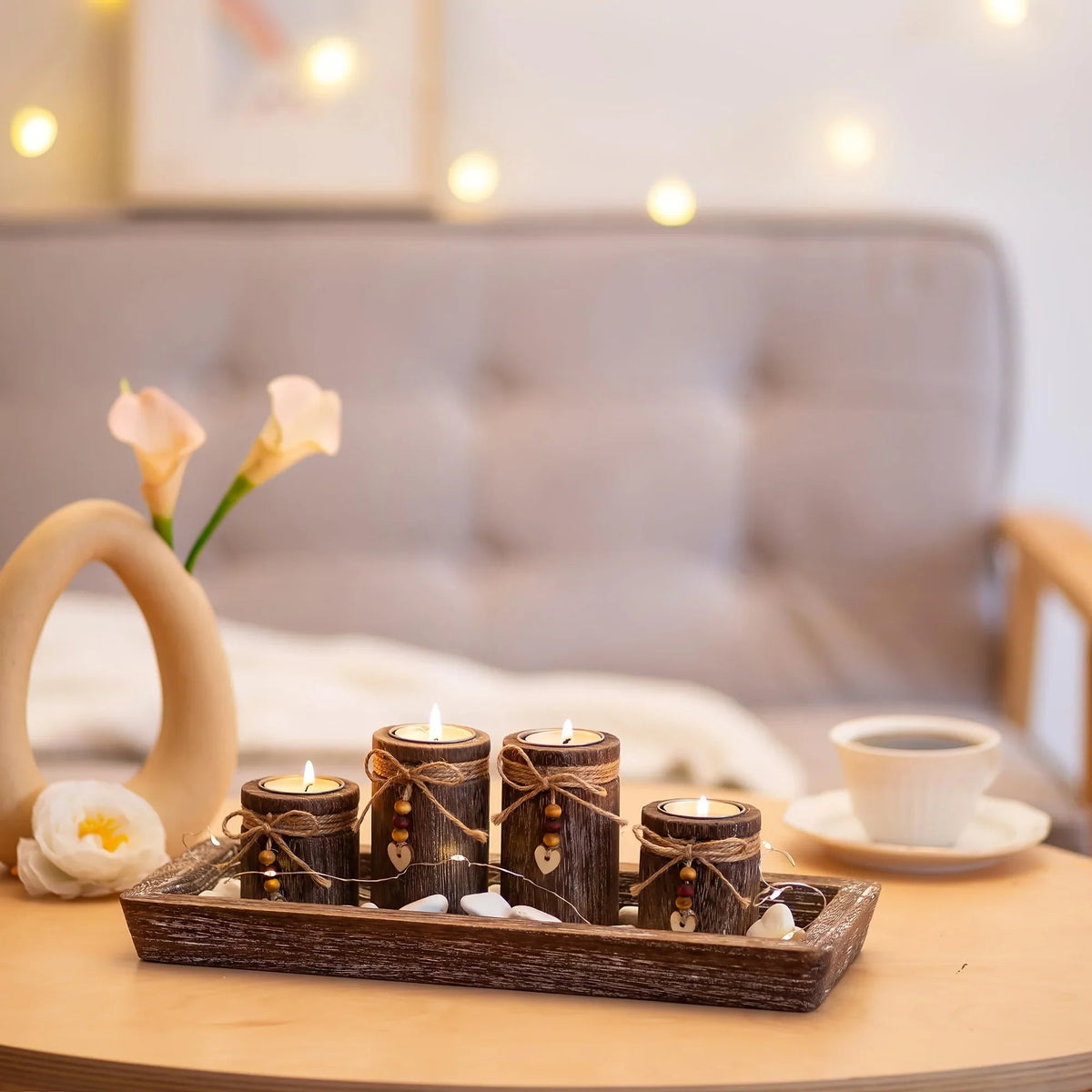 Paulownia Wood Centerpiece Tray with 4 Tealight Holders & Beaded Accent