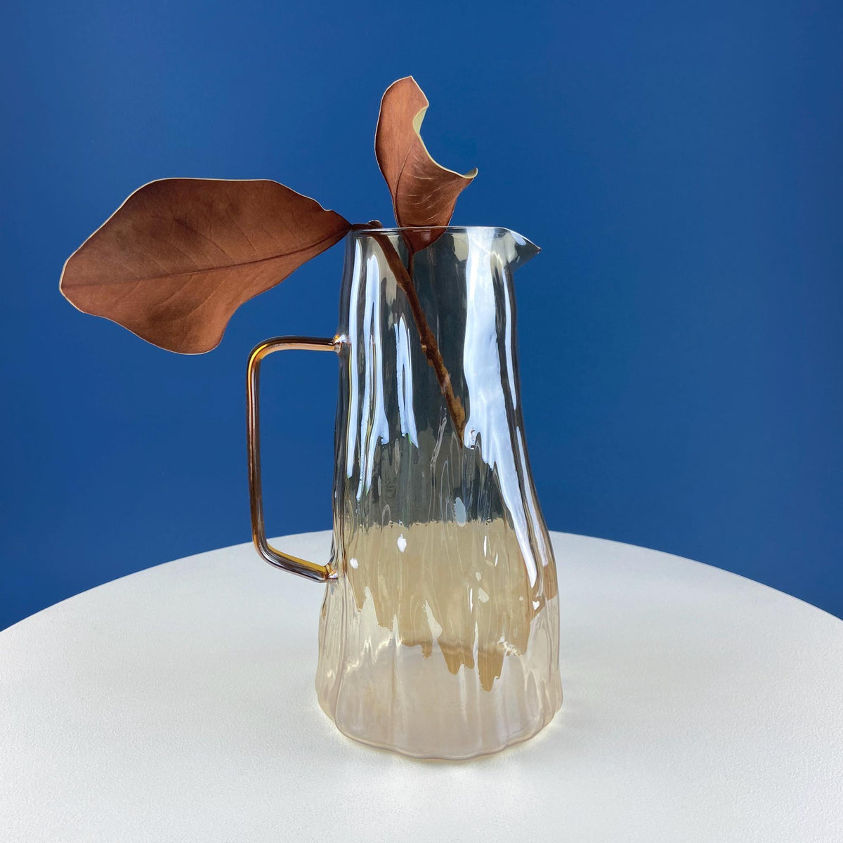 Iridescent Peach Bark Pattern Glass Pitcher Vase. Hand Blown 10