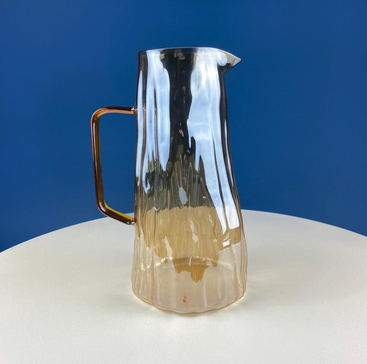 Iridescent Peach Bark Pattern Glass Pitcher Vase. Hand Blown 10