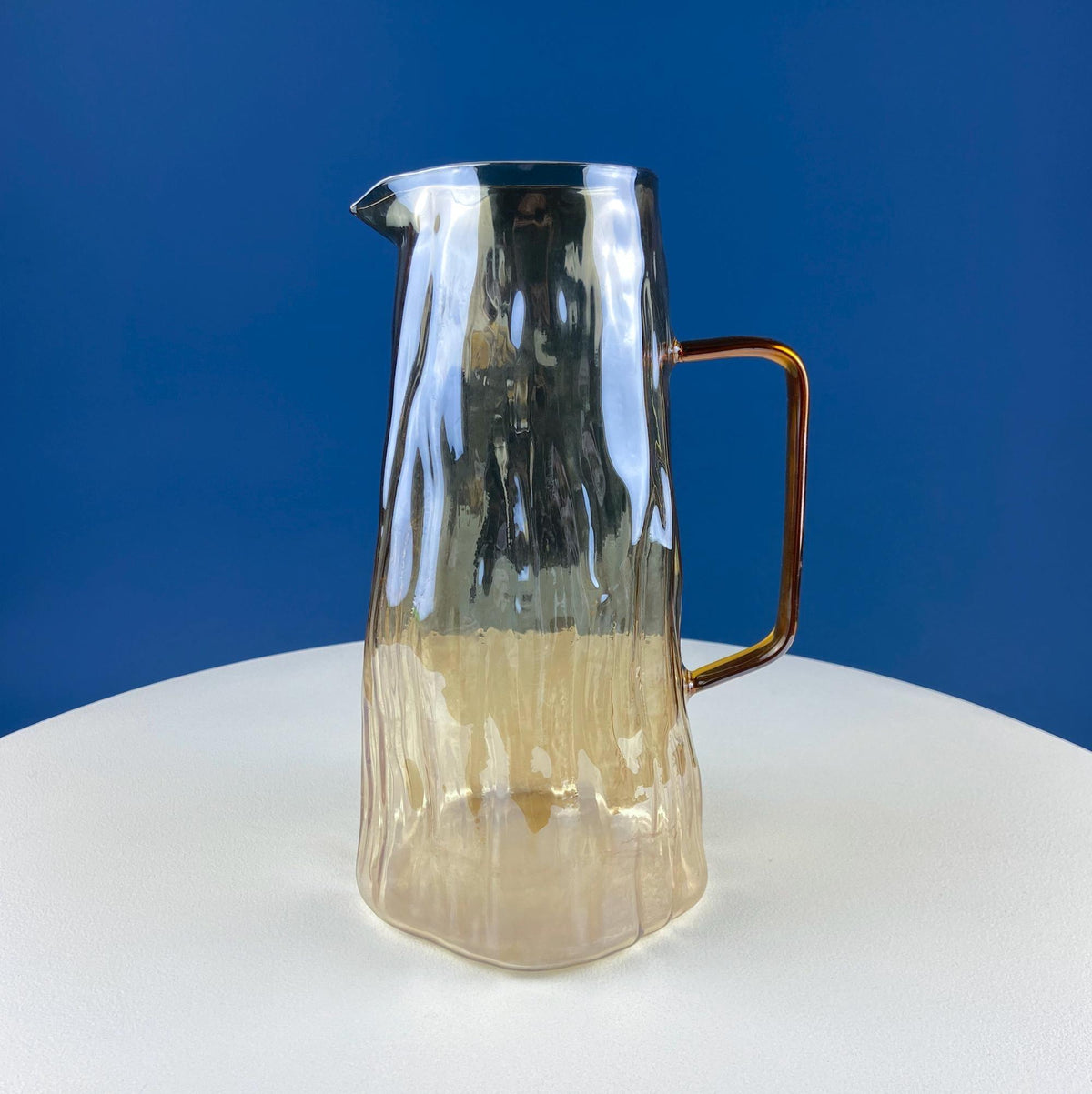 Iridescent Peach Bark Pattern Glass Pitcher Vase. Hand Blown 10