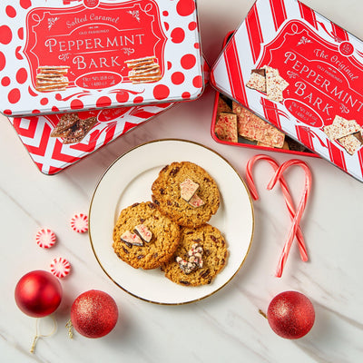 Handmade Layered Salted Caramel Dark & White Chocolate Peppermint Bark - 1Lb Holiday Bark Squares - Christmas & Winter Candy, Sweets Gift Tin, Old Fashioned Treat, Stocking Stuffer