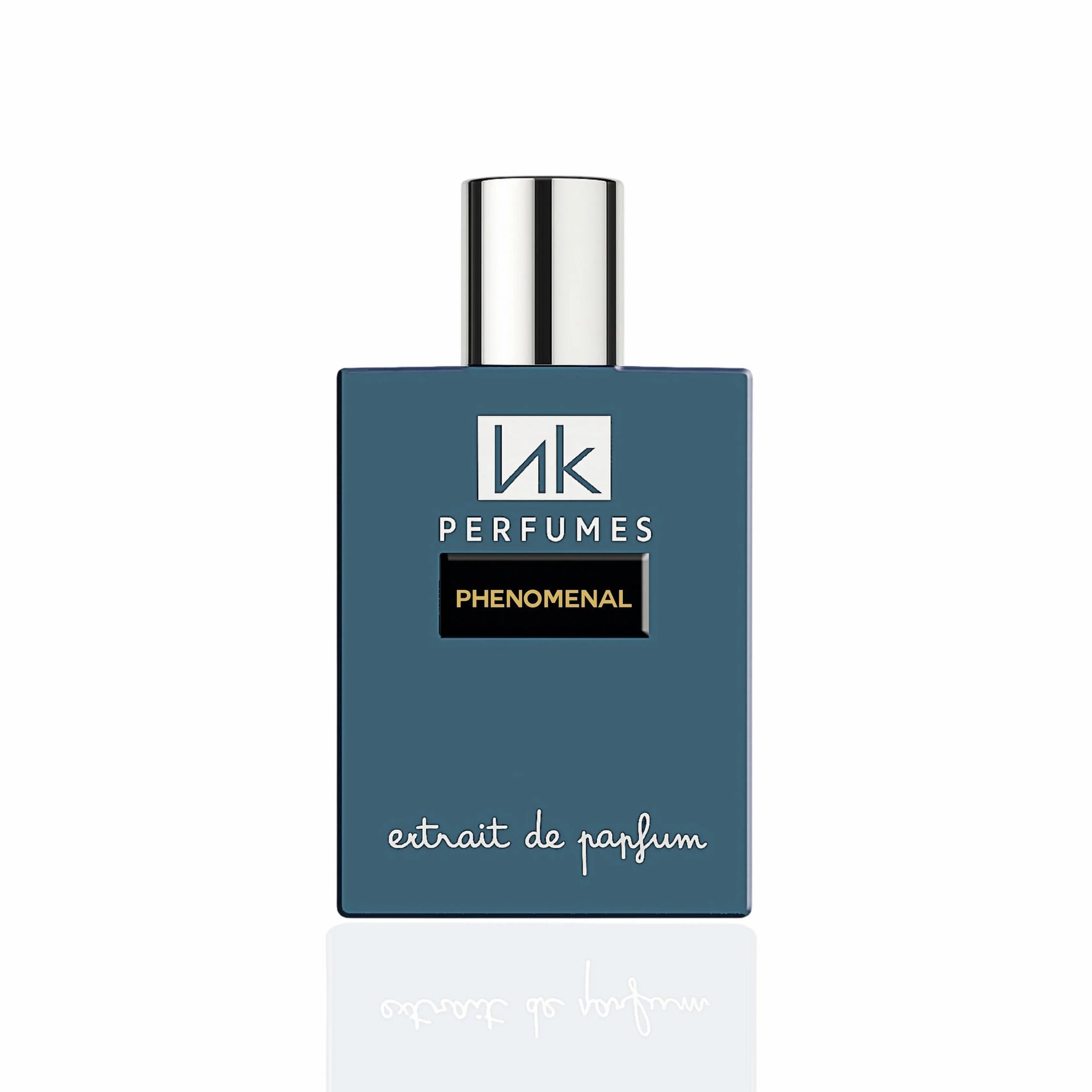 A rectangular blue perfume bottle with a shiny silver cap, featuring the brand 'hk PERFUMES' and the scent name 'KILLING ME SOFTLY' on the front, set against a plain white background with a soft reflection below.