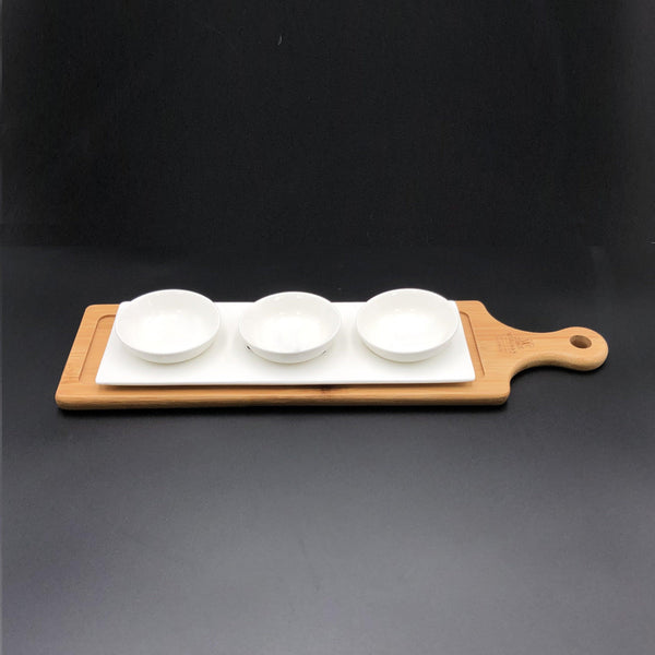 A Mignardises (Petit Four) Serving Set With Bamboo Long Tray And Porcelain Dishes To Match