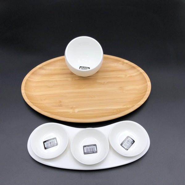 A Mignardises (Petit Four) Serving Set With Bamboo Oval Tray And Porcelain Dishes To Match