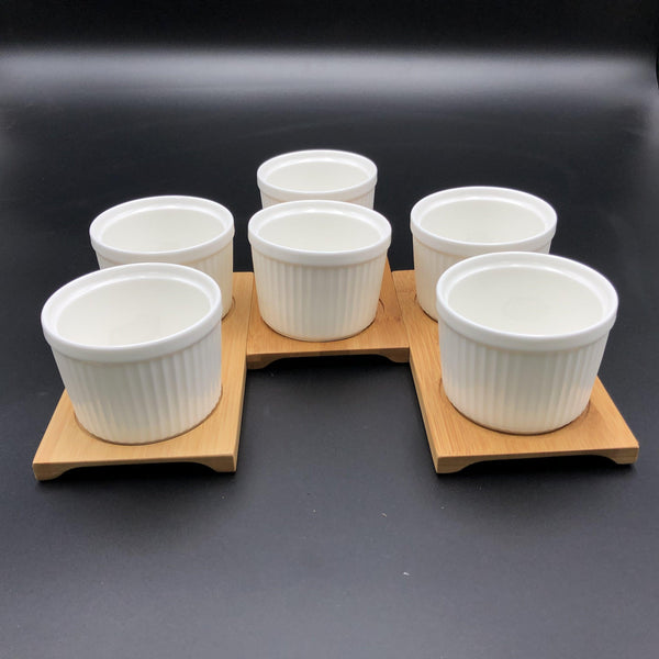 A Set Of 3 Bamboo Double Trays With 6 Fine Porcealin Ramekins To Match